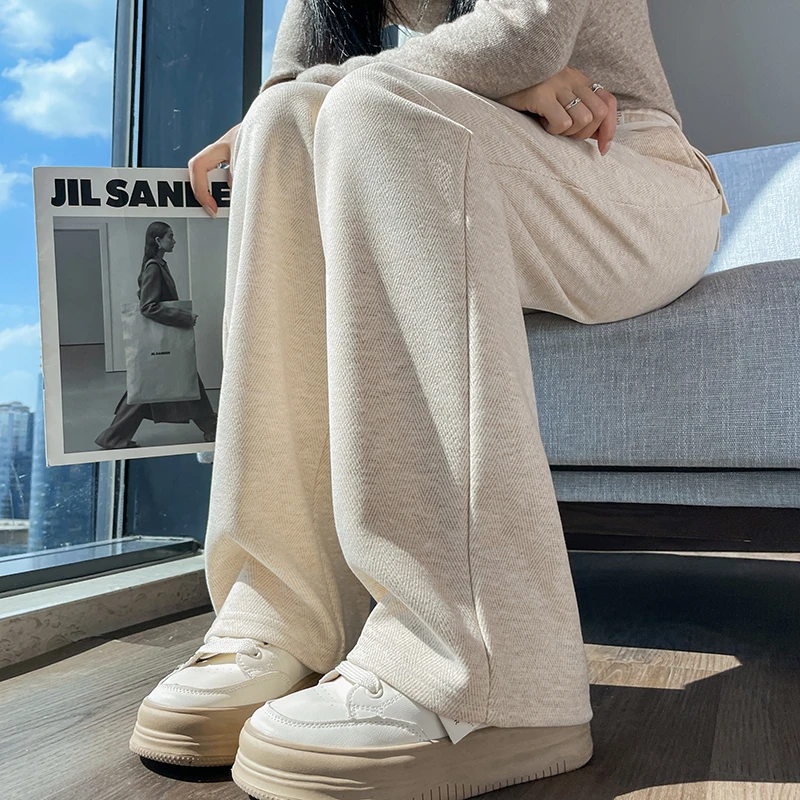 人字纹窄版阔腿裤女毛呢九分小个子大码加绒直筒长裤子加厚秋冬季