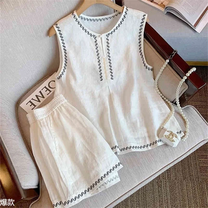 法式复古重工刺绣无袖休闲套装男女夏季时尚宽松背心上衣高腰短裤