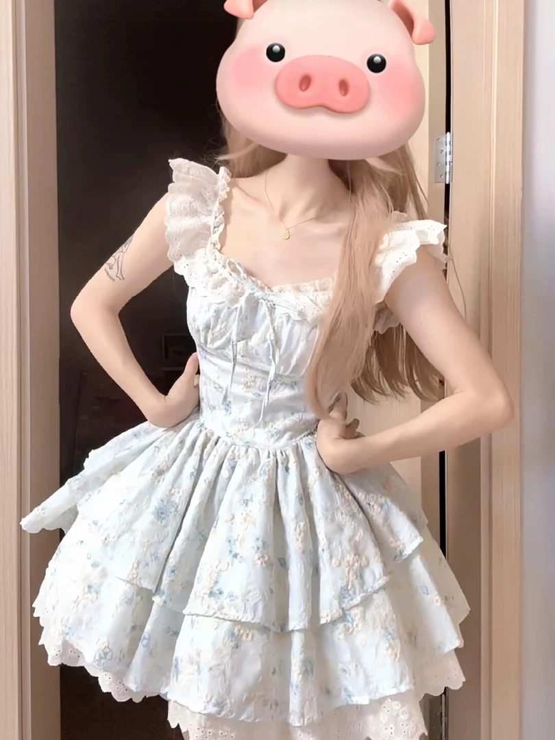 9869 樱织花翎甜美小飞袖温柔碎花吊带裙+开衫两件套