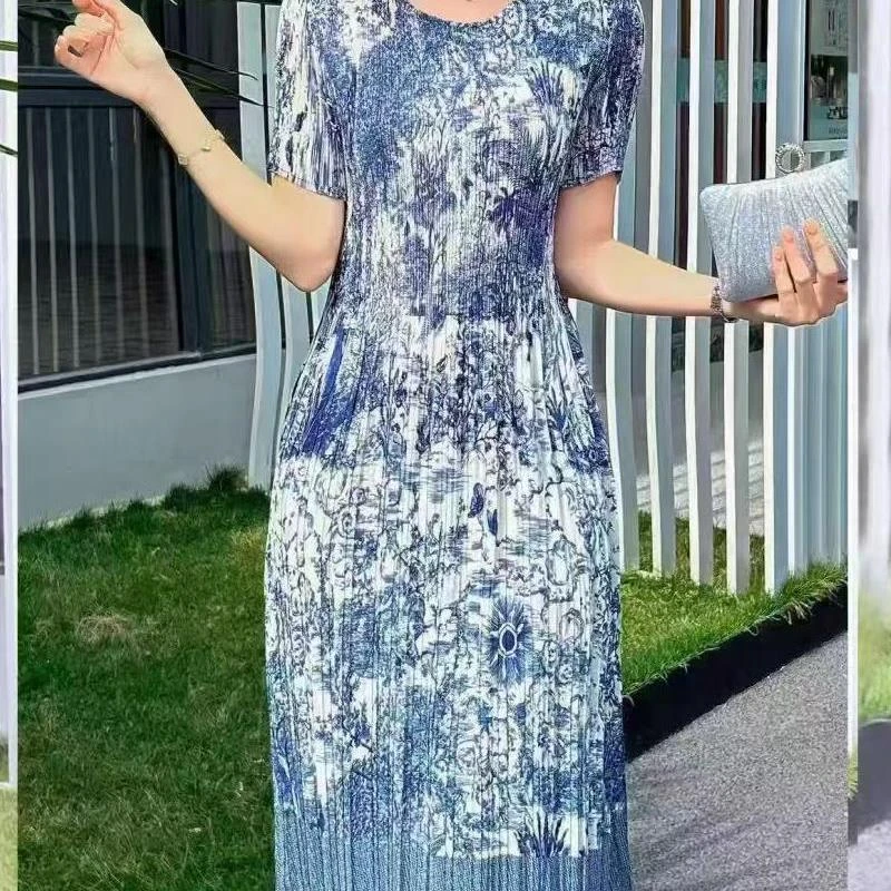33099-3花朵三宅褶皱圆领短袖连衣裙中长款时尚百搭通勤夏季女