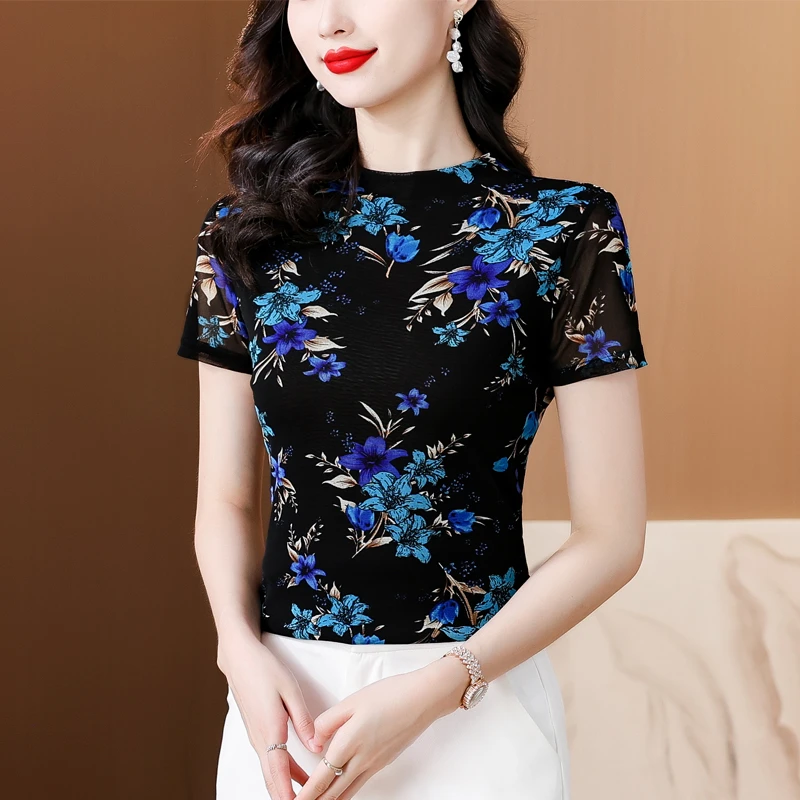 夏季新款短袖T恤气质时尚显白印花小衫柔软亲肤上衣广场舞跳舞服
