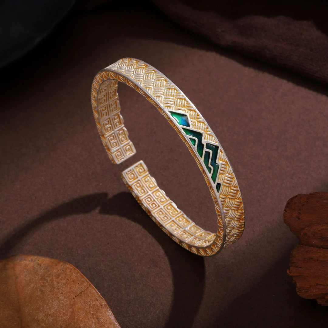 足银手镯 足银手镯描金圆棍吉言吞金兽手镯新中式国风高级b197