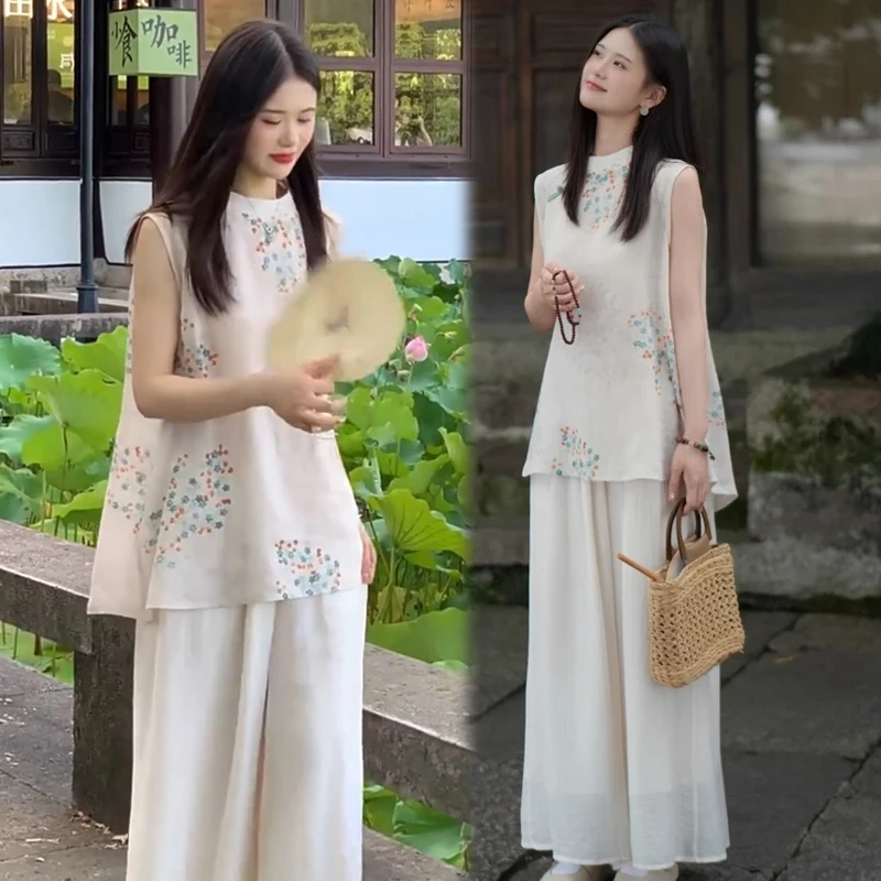 时尚套装女2025夏装时髦洋气无袖新中式国风上衣阔腿裤两件套弟弟