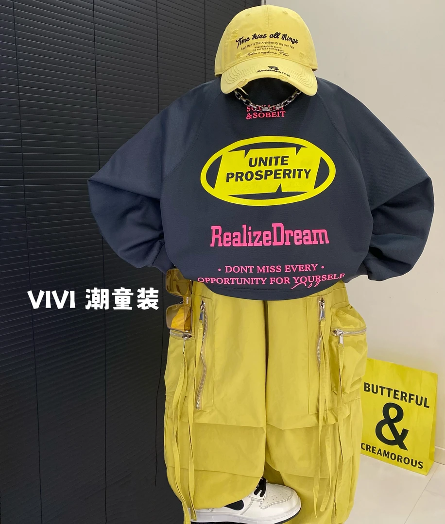 VIVI童装 2025春款潮流中大童运动透气棉灰色印花长袖T恤欧若风