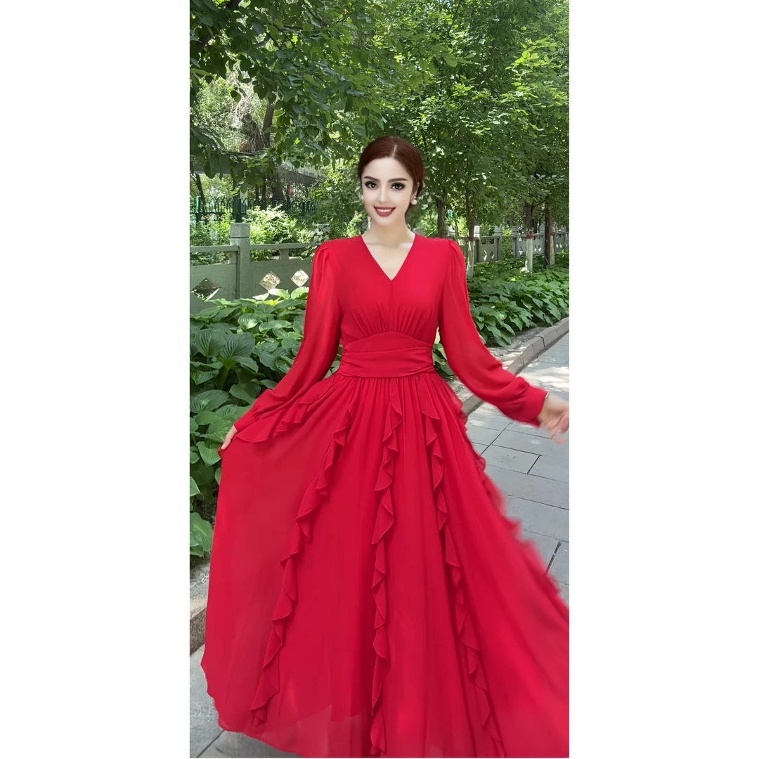 6173千金轻奢V领长款显瘦新款时尚名媛气质女装连衣裙