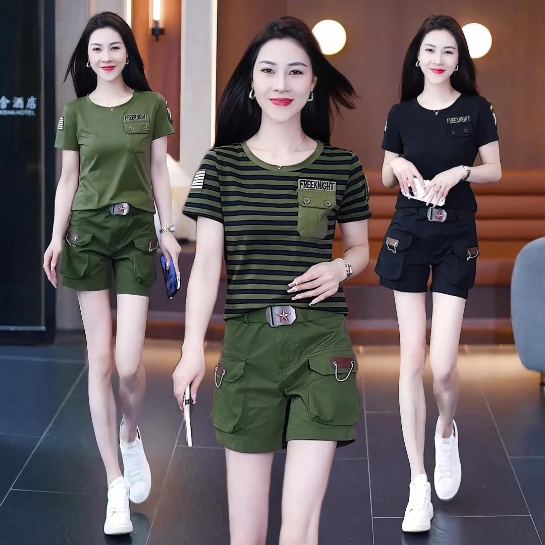 迷彩服套装女夏季新款圆领短袖T恤工装短裤休闲显瘦运动两件套潮