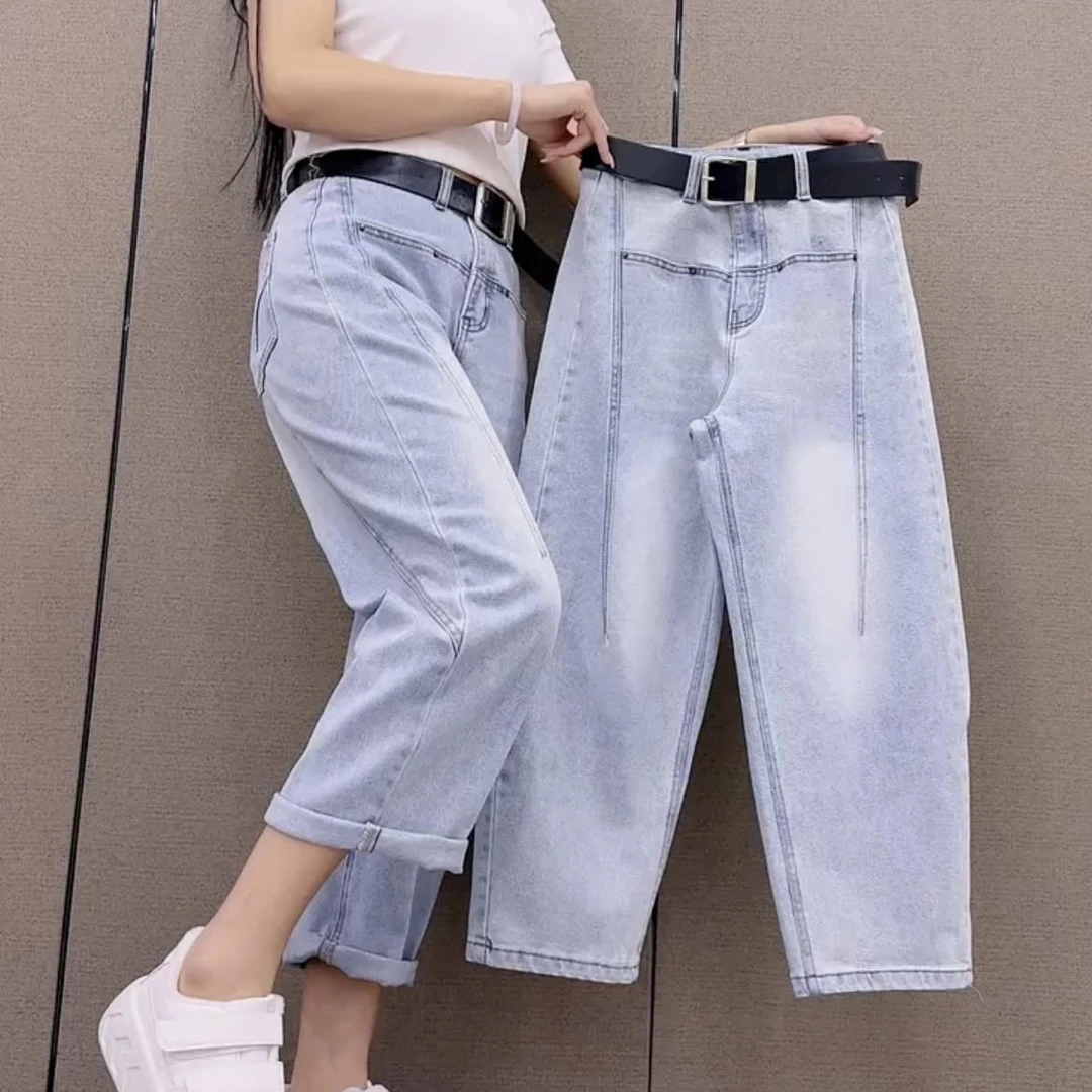 欧货拼接哈伦弯刀牛仔裤女2025早春爆款大码小个子九分直筒老爹裤
