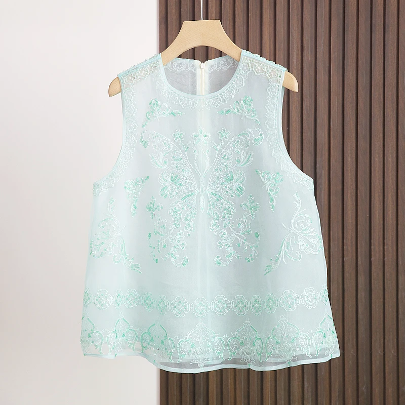 桑蚕丝新中式马甲女夏薄款马夹背心重工刺绣轻奢圆领显瘦百搭033