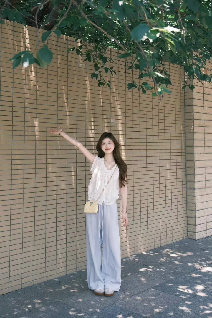 2025夏季新款韩系蕾丝抽绳背心短袖上衣女气质百搭直筒休闲裤套装