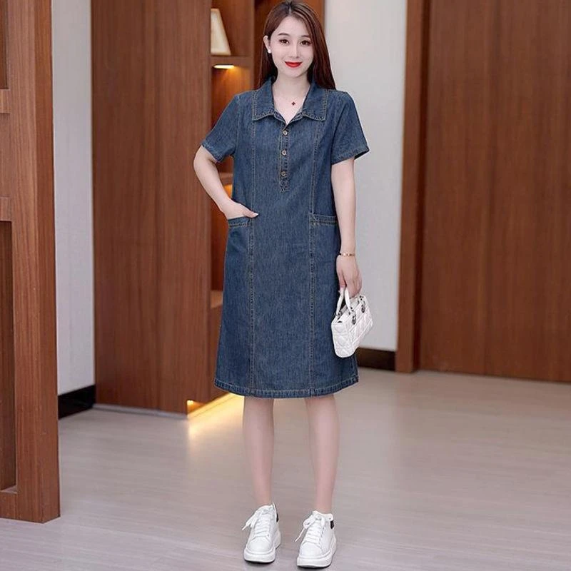 时尚牛仔连衣裙女2025夏季新款显瘦遮肉中长款衬衫领气质减龄裙子