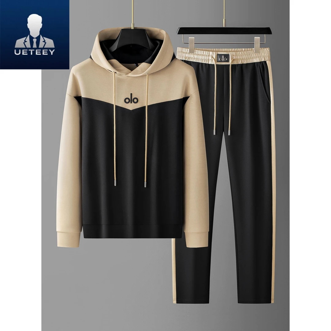 高端轻奢时尚撞色拼接长袖卫衣两件套男士春秋季连帽休闲运动套装