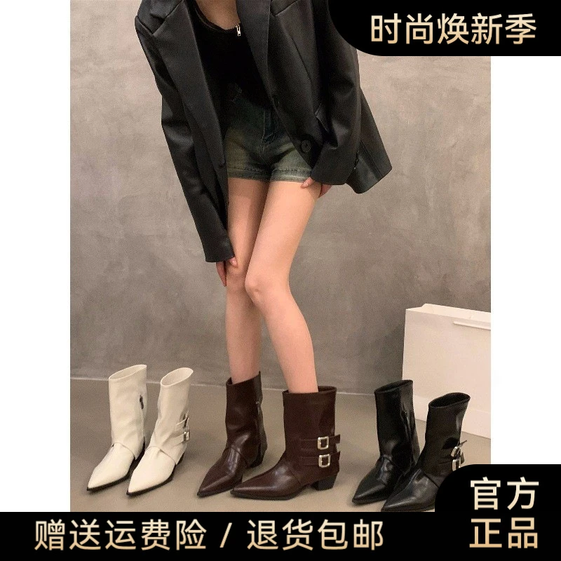 洋气瘦瘦靴气质皮靴秋冬爆款尖头高跟棕色小短靴女鞋新款单靴靴子