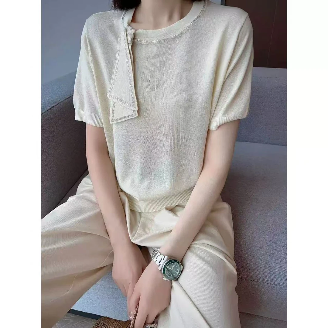 优雅通勤短袖圆领丝巾女装休闲风简约毛针织衫纯色镂空