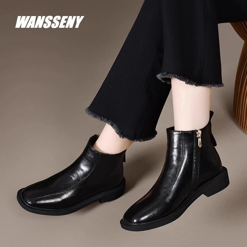 WANSSENY2025年英伦风马丁靴女新款秋冬季真皮平底小短靴圆头裸靴
