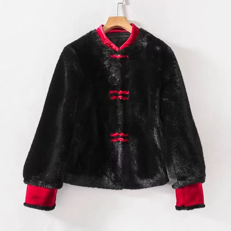 国风仿水貂新中式拼色盘扣皮毛一体外套3638