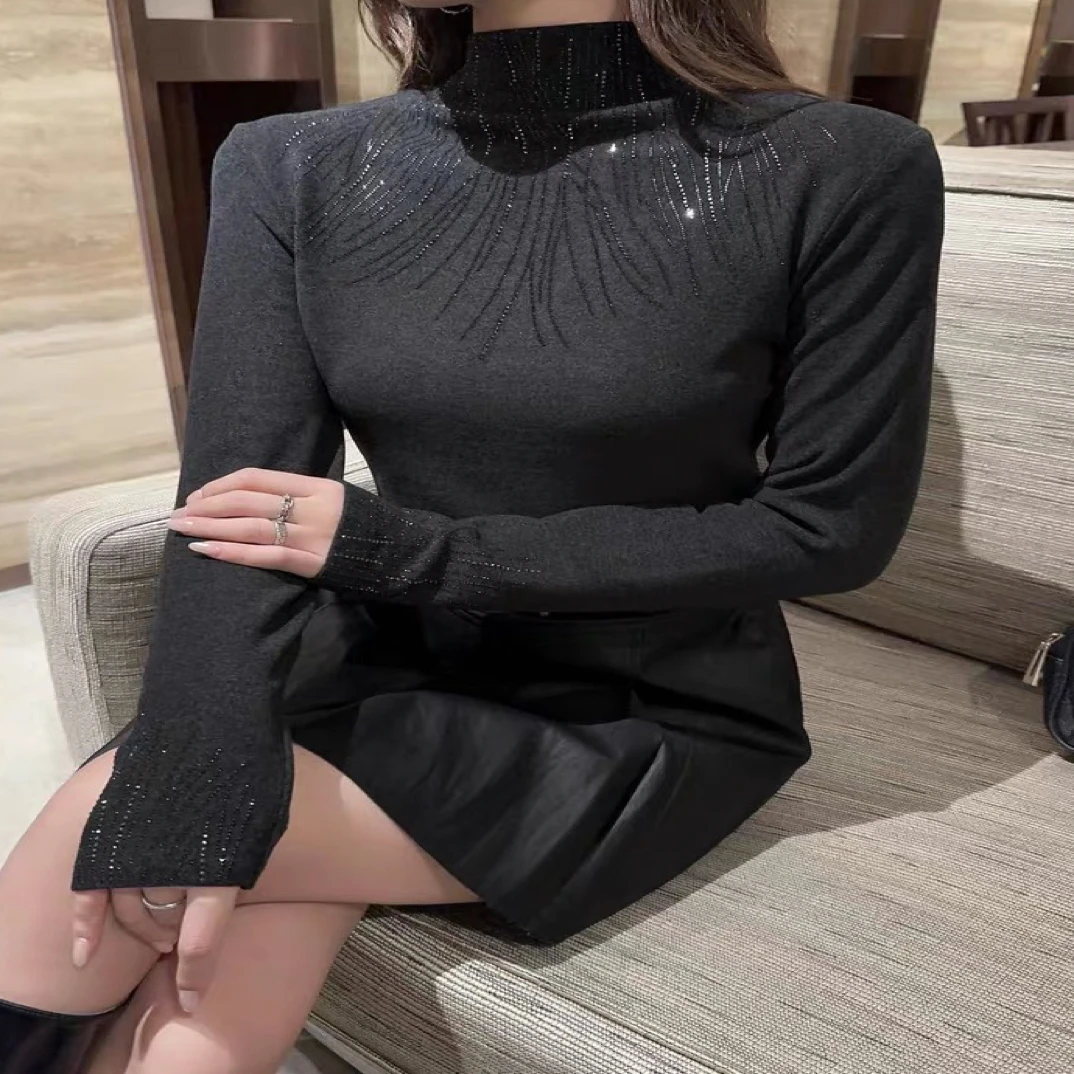 立体装饰女半高领长袖新潮风T恤烫钻常规款拼接