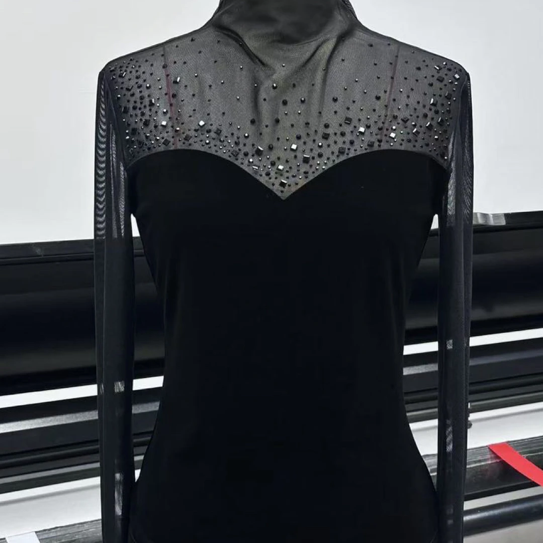 拼接常规长袖法式烫钻性感风T恤加绒高领拉丁舞镶钻