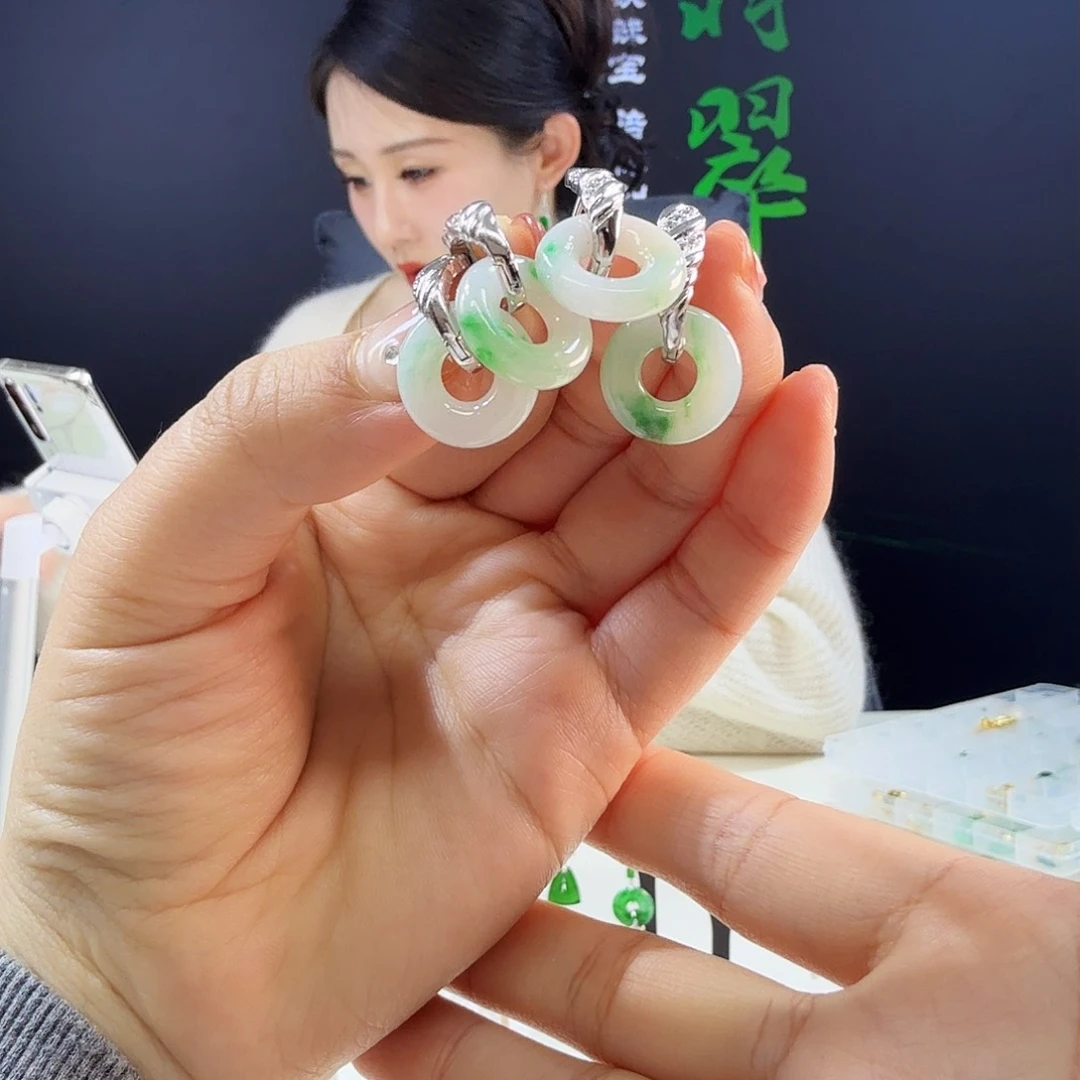 翡翠耳饰银S925镶嵌多样性发货发其一发一对925镶嵌