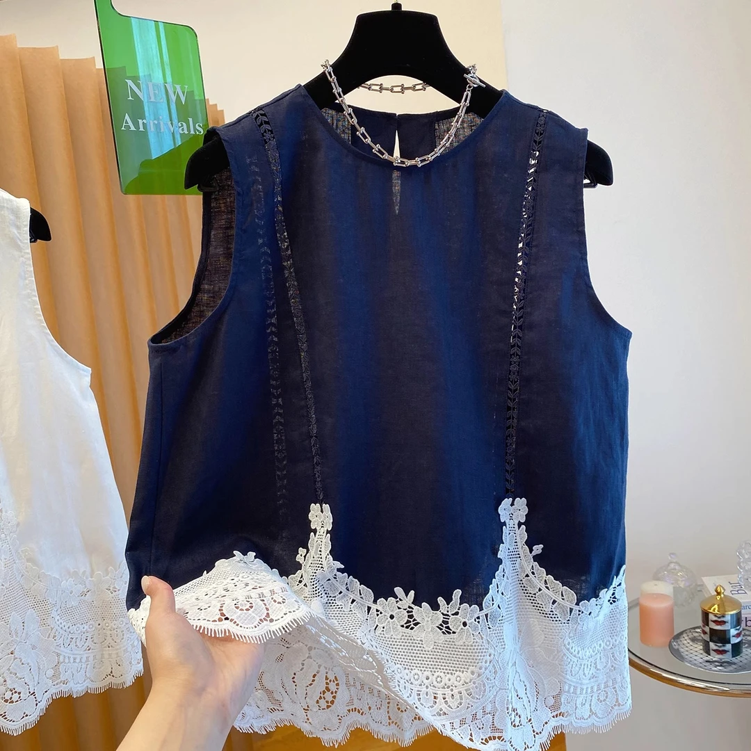 高端无袖上衣女夏季薄款宽松显瘦蕾丝拼接超好看棉麻坎肩背心衬衫