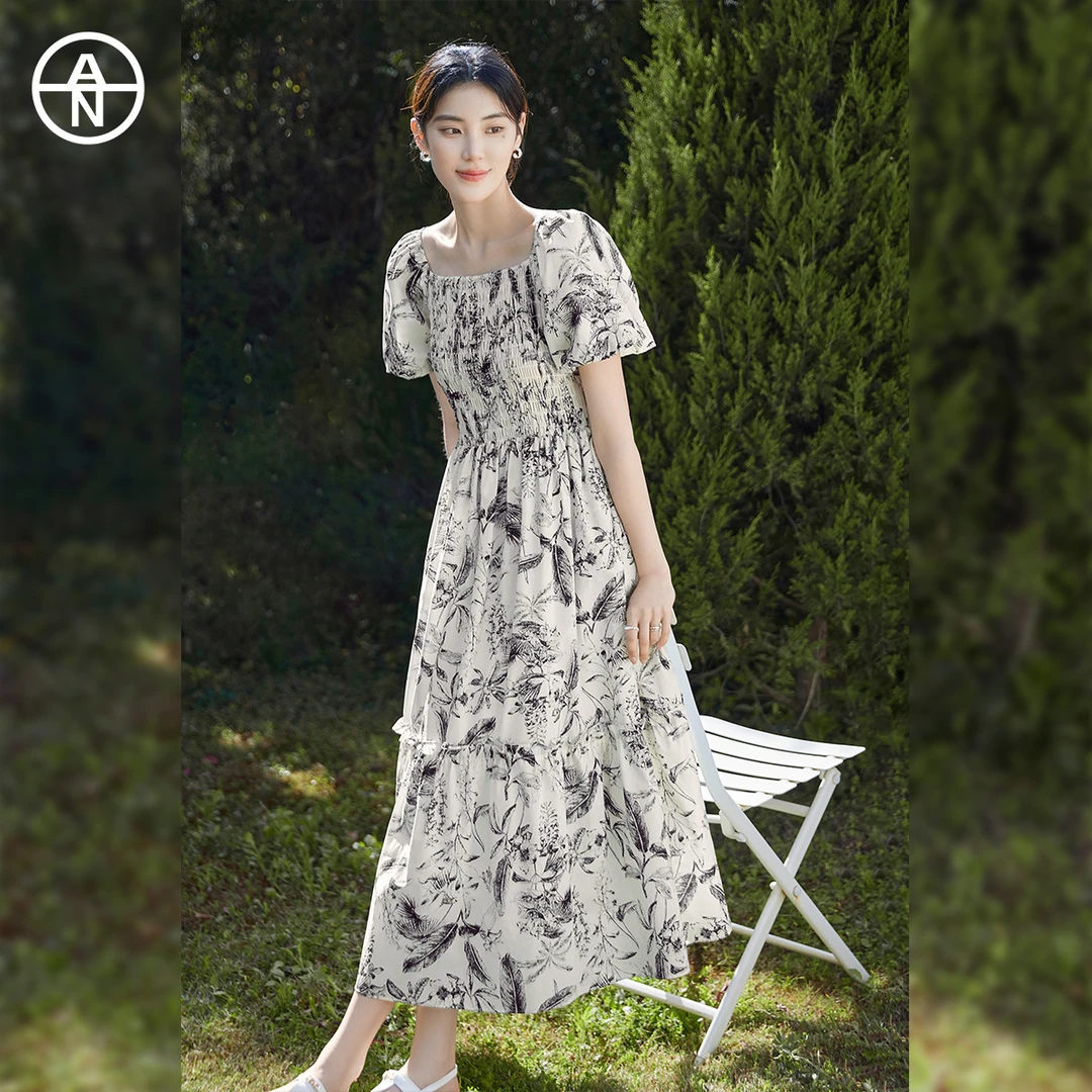 AN大码女装国风水墨印花连衣裙夏季胖mm收腰显瘦裙子