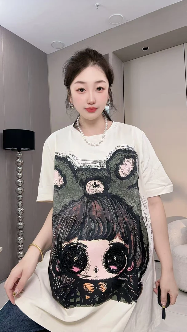 水洗宽松大码大版早秋季潮流正肩显瘦T恤中长款扒染潮牌棉女孩