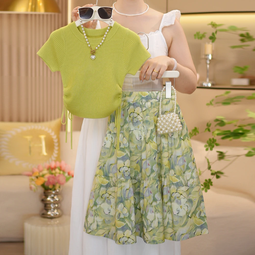 【闺蜜家】女童2025夏季新款碎花油画针织短袖T恤裙子套装-8424
