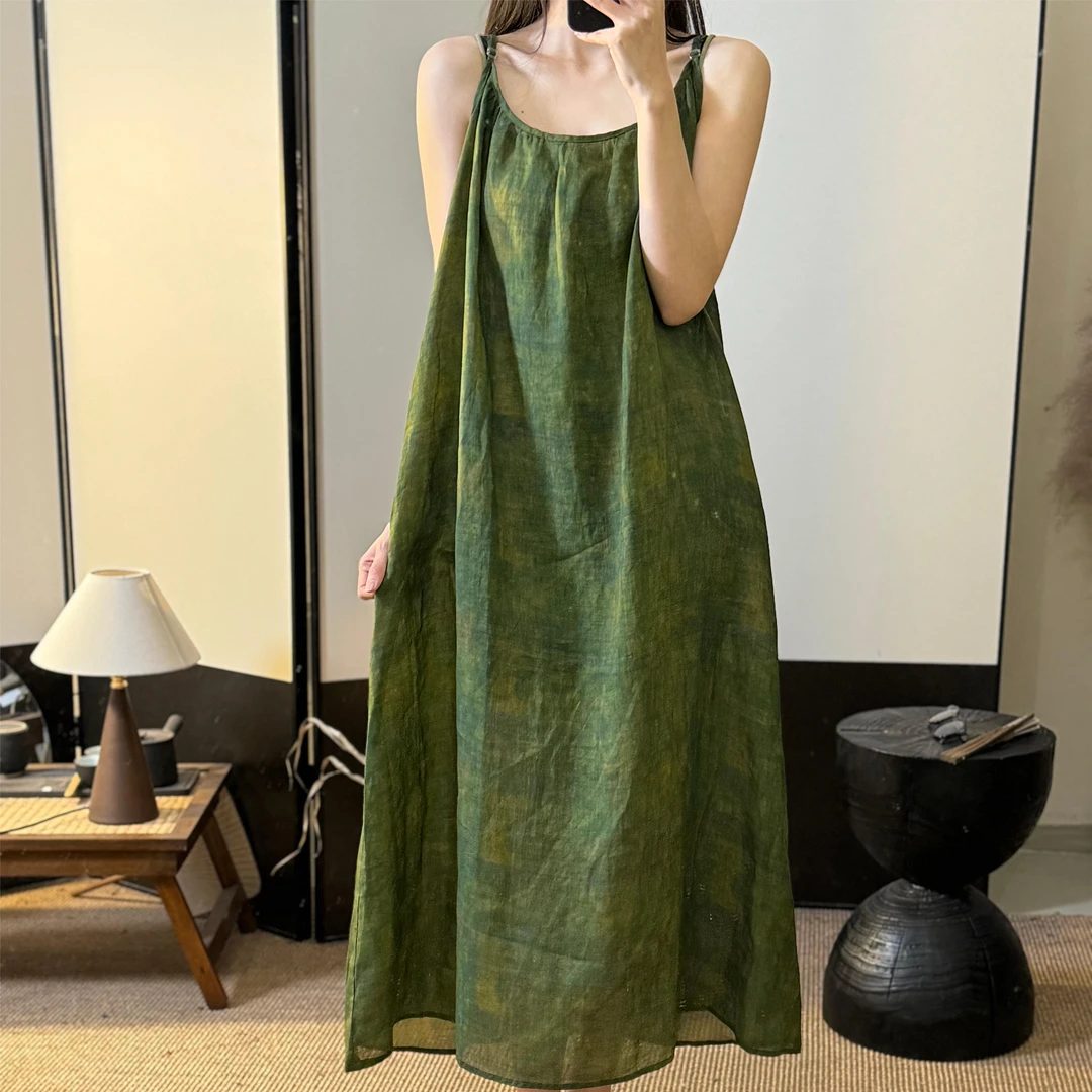 2025年夏季新款小众晕染无袖裙舒适苎麻长款吊带连衣裙女