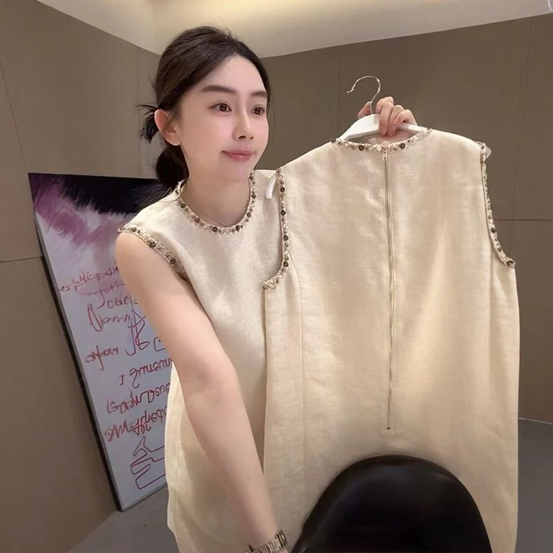 【现货+运费险】气质高级时尚麻料小香风短袖圆领钉珠连衣裙P6611