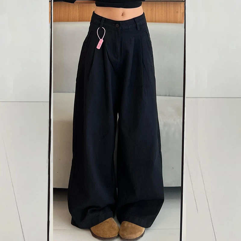 黑色女牛仔裤胖mm显瘦垂感慵懒风高腰直筒休闲阔腿裤梨型身材裤子