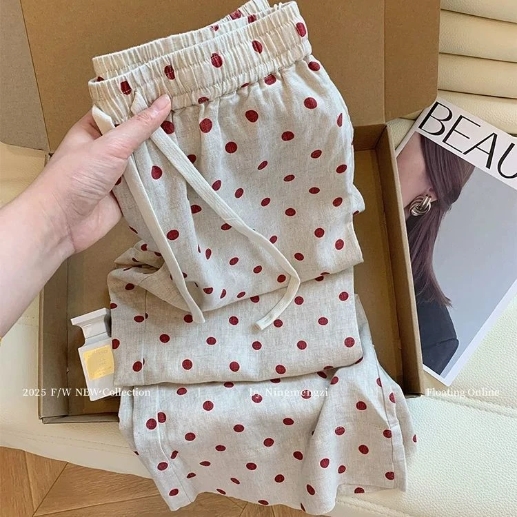 红色波点抽绳亚麻休闲裤女2025年夏季新款慵懒风百搭显瘦阔腿裤子