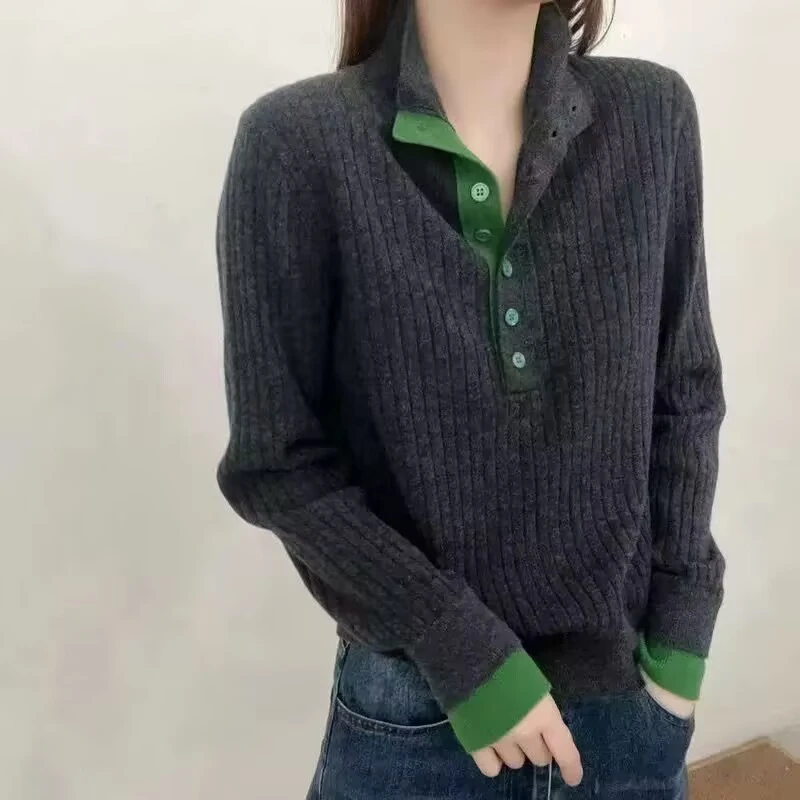减龄休闲拼色立领半开扣假两件针织衫秋冬女款显瘦竖坑条毛衣上衣