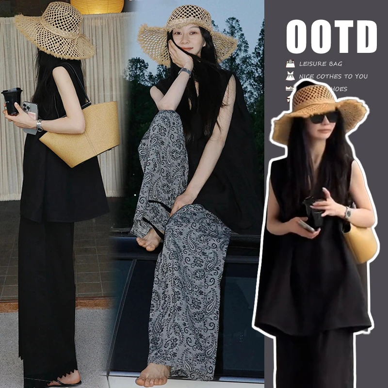 孕妇夏装套装2025新款简约高级感遮肉宽肩上衣碎花纯色裤两件套装