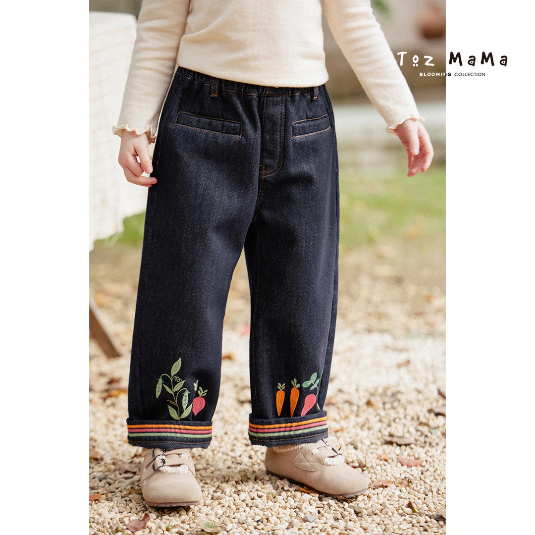 Toz Girls豆几妈11/24冬季撞色脚口绣花牛仔裤女童加厚百搭裤子