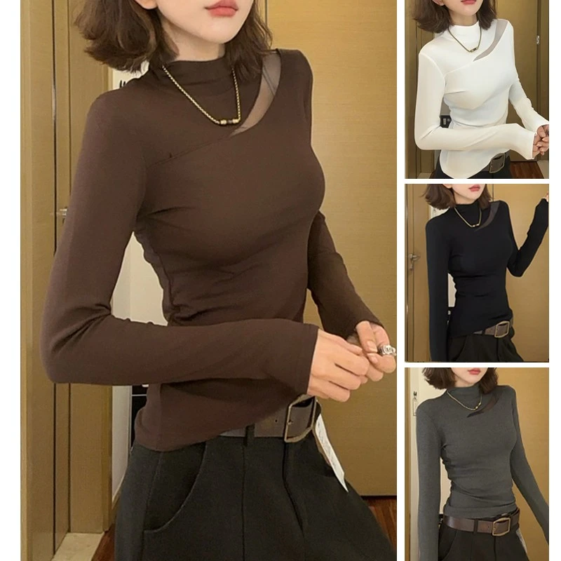 2025秋冬季加绒半高领打底衫网纱拼接修身显瘦内搭长袖T恤上衣女