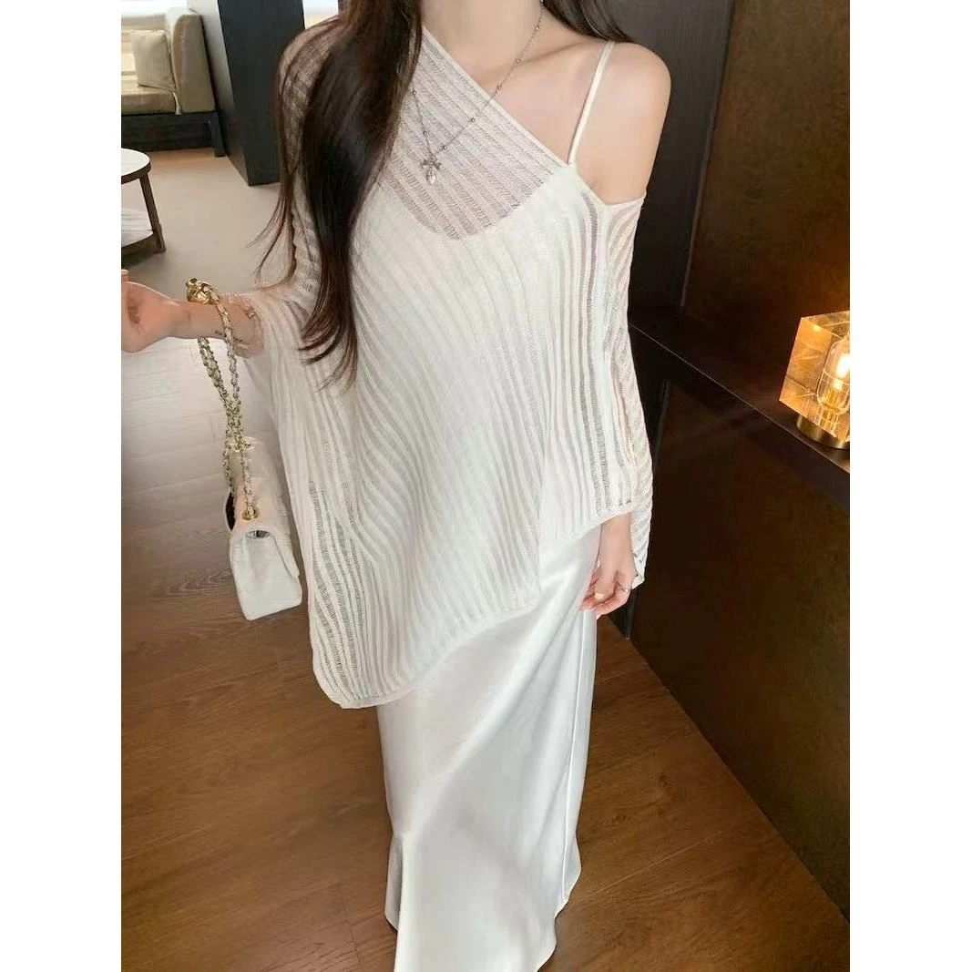 （大鸭梨）高级感醋酸吊带连衣裙+罩衫2523