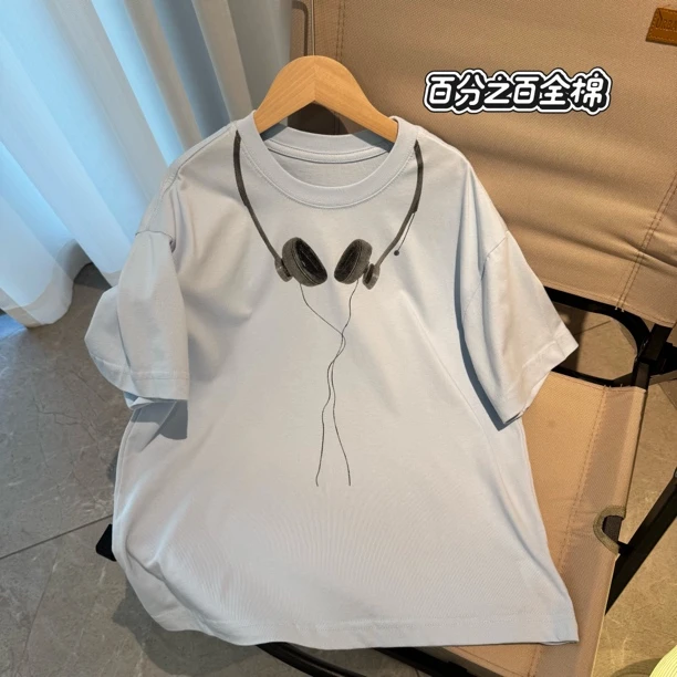 男童蓝色耳机T全棉半袖夏季印花圆领时尚宽松韩版夏款潮流休闲