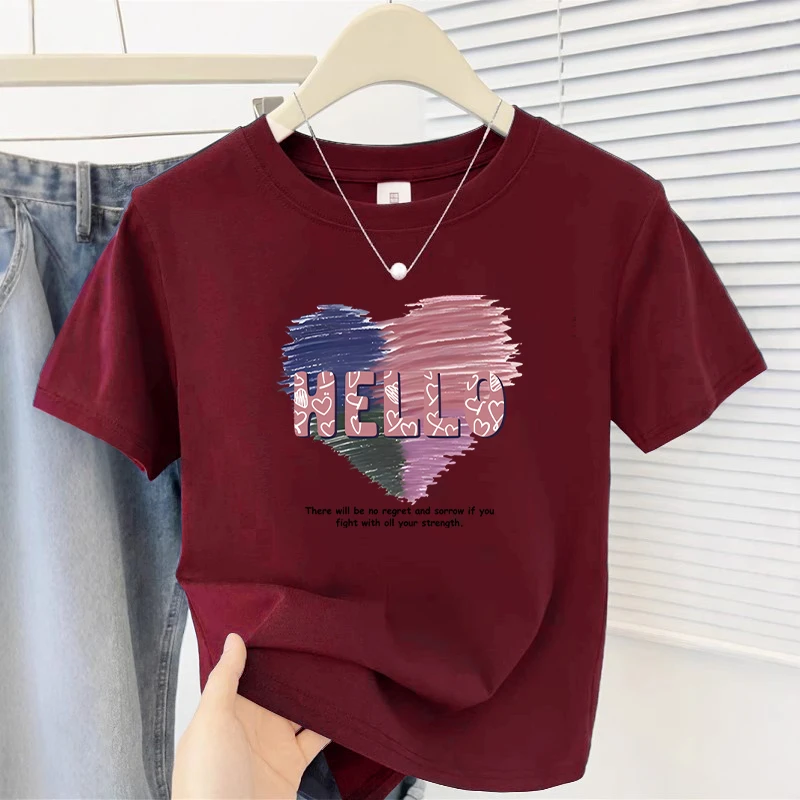 正肩短袖t恤女夏新款韩版洋气爱心印花设计感休闲百搭圆领上衣服