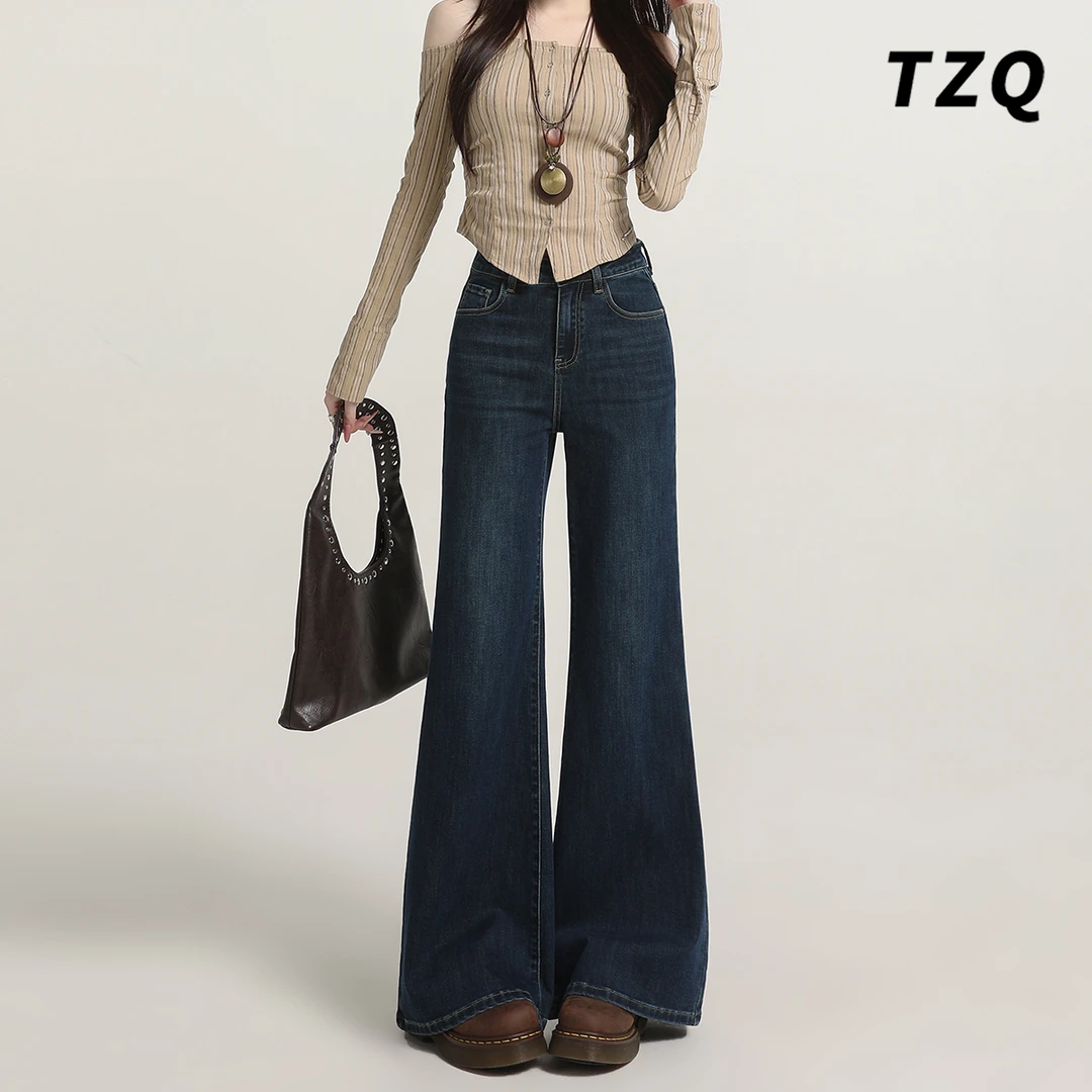 美式不贴腿深蓝牛仔裤女2025秋装小个子显瘦阔腿微叭裤