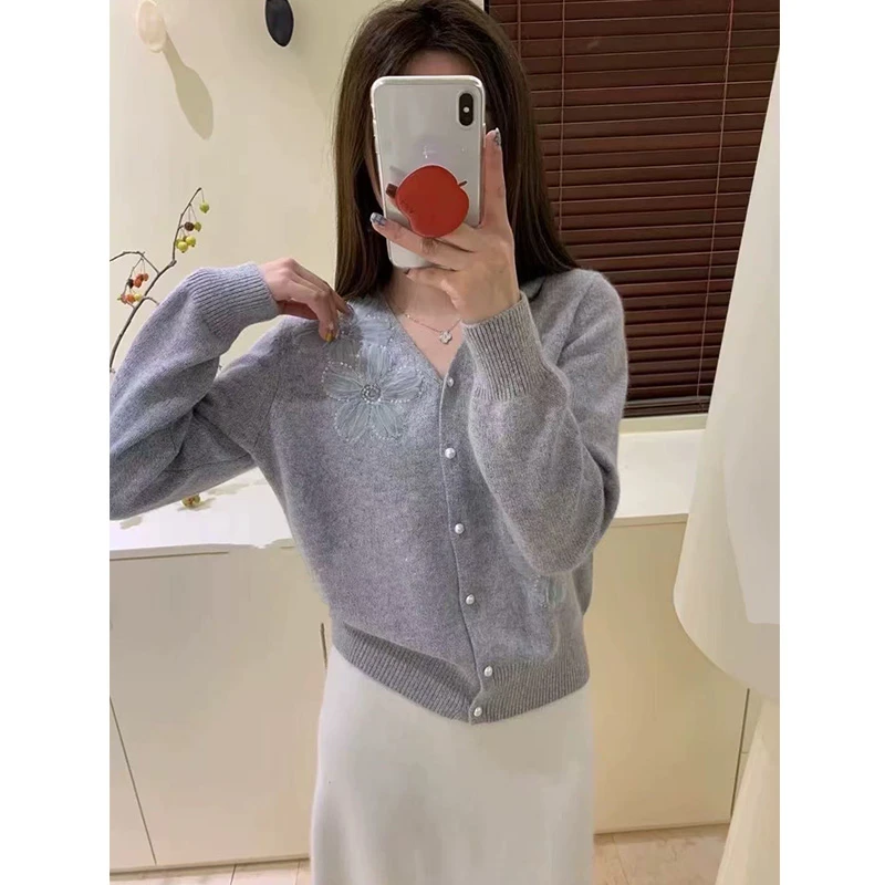 【网纱花朵】时尚洋气V领春季新款针织开衫女FFQ5125