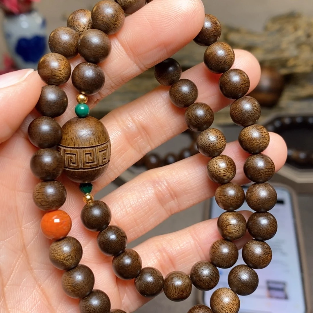 沉香手串越南芽庄紫棋08➕富森红土枣珠沉香木雕