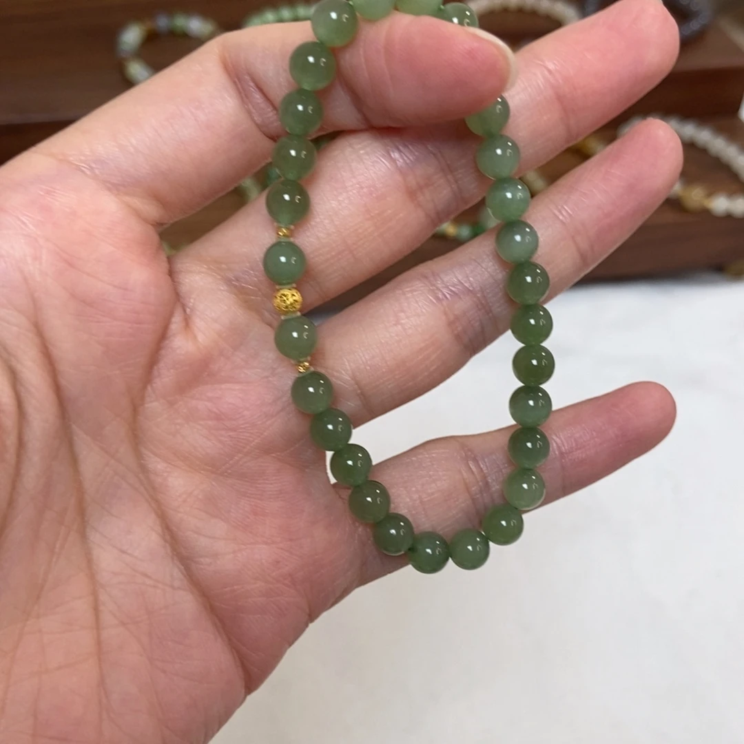 和田玉18K金镶嵌手链6mm碧玉鸭蛋青冰底