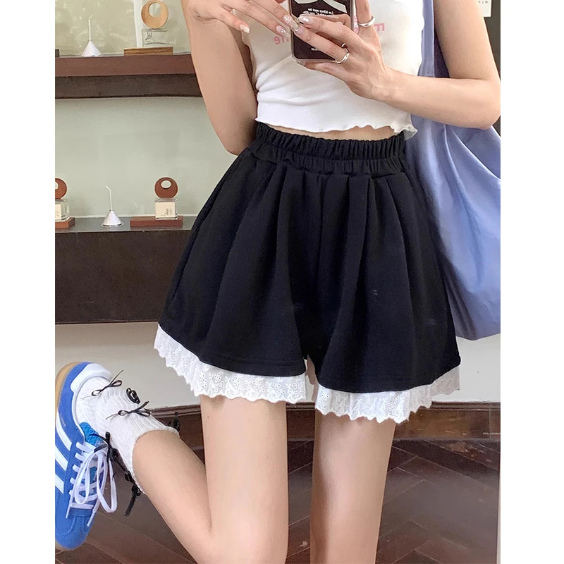 蕾丝边拼接休闲裤2025夏季新款韩系松紧高腰设计感阔腿裤短裤女装