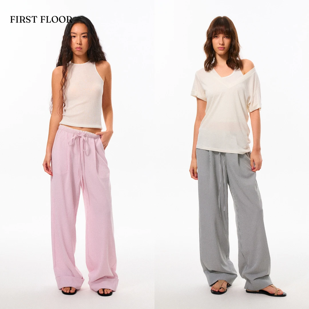 FIRSTFLOOR宽松复古松紧拖地条纹图案阔腿显瘦休闲裤女