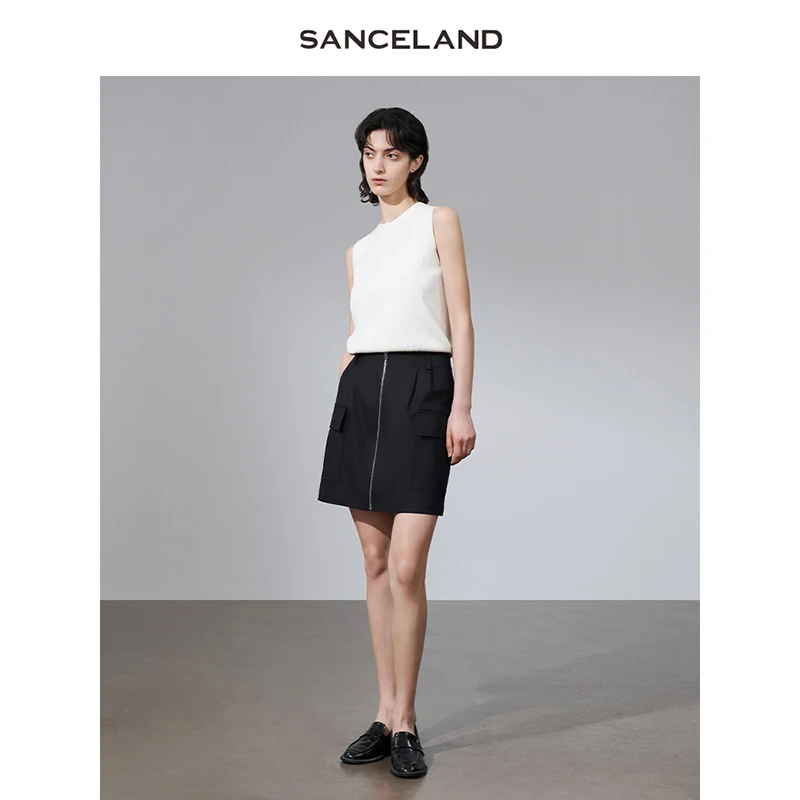 SANCELAND三石一澜25夏黑色短款拉链设计感工装风半裙SJ23101068