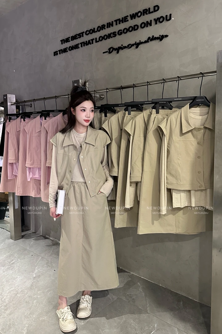 2025春上新！长袖T恤+舒适时尚百搭马甲+工装简约半身裙套装三件套