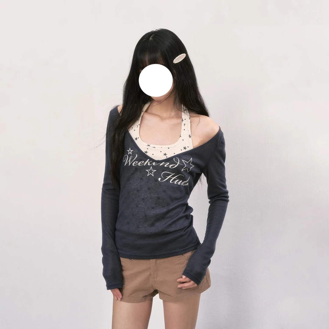 美式复古印花罩衫吊带两件套防晒女薄纱上衣早秋镂空长袖2025新款