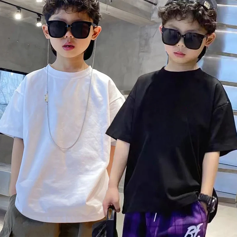 夏季男童纯棉短袖T圆领夏装中大童半袖体恤宽松全棉白色上衣透气