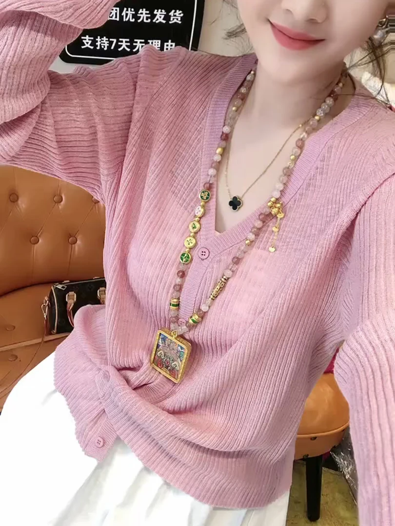 韩式百搭长袖粉色上衣女2025早秋休闲简约小众显瘦气质宽松针织衫