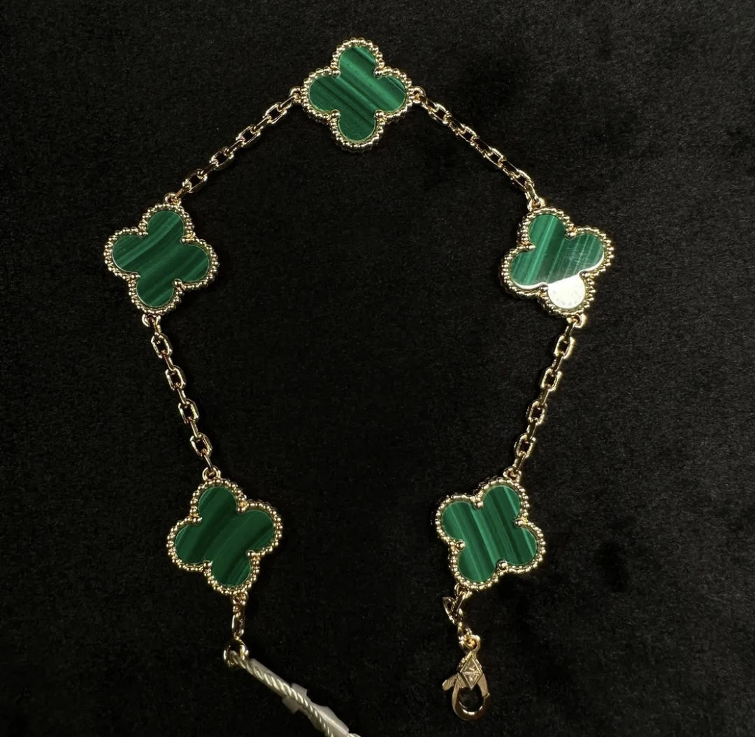 手链 孔雀绿镀18K金 轻奢百搭四叶草五花手链高定法式CNC工艺