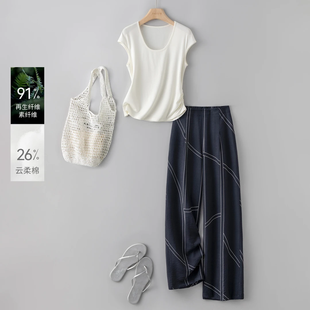 IHIMI/海谧2025年夏季新款女装简约时尚T恤上衣休闲款两件套装
